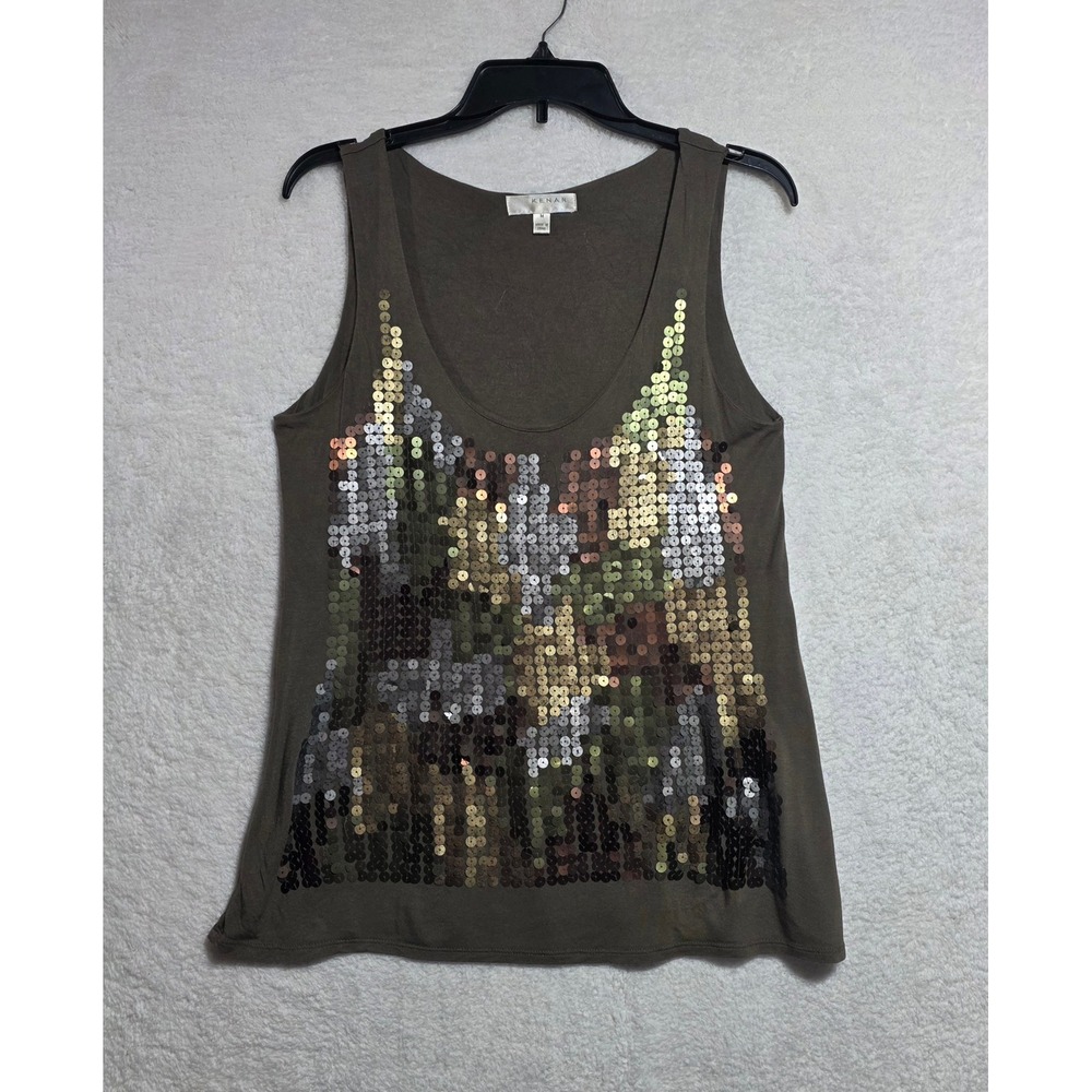 Kenar Women's Olive Brown Sequin Mosaic Scoop Neck Rayon Tank Top Size M